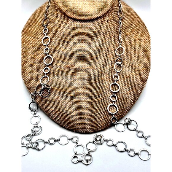 Circled Silver Tone Long Chain Necklace 34" Modernist Geometric Rings - Picture 1 of 6